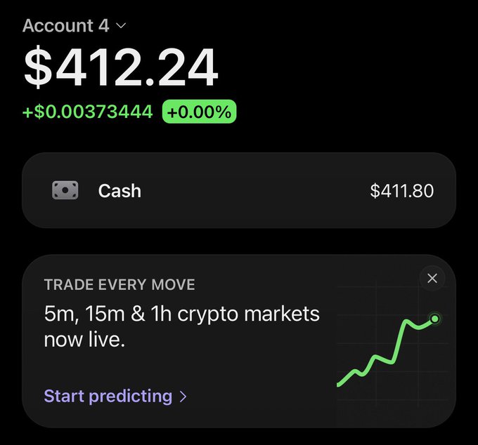 The image shows a trading account dashboard displaying a balance of $412.24 in "Account 4" with $411.80 in cash, alongside a promotional banner for crypto markets. This appears to be the user sharing proof of their trading balance in response to the request to drop their SOL address, likely demonstrating financial credibility before sharing wallet details.