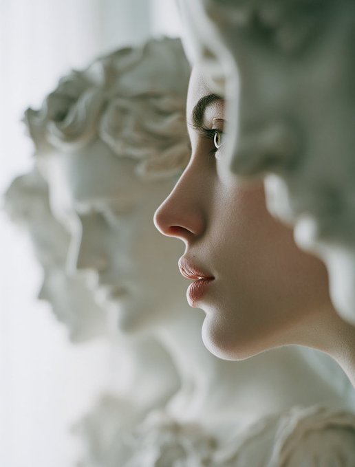 A serene, close-up profile of a marble statue with flowing curls, its peaceful expression evoking classical artistry, complemented by the philosophical caption "What art we? Owned by Gpebbles" which plays on the dual meaning of art as both creation and self-reflection.