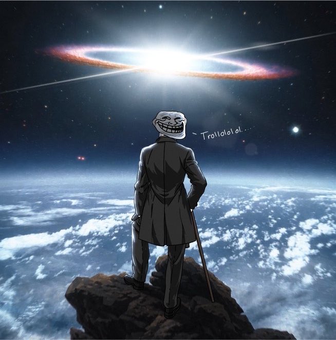 A trollface meme character in a suit and coat stands on a rocky peak above clouds, gazing at a glowing cosmic phenomenon in space, with the text 'Trollololol..'.