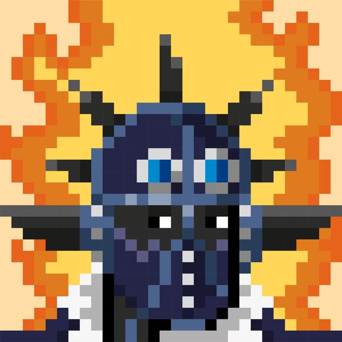 A pixel art character with blue skin, horns, and glowing eyes against a fiery orange and yellow background.
