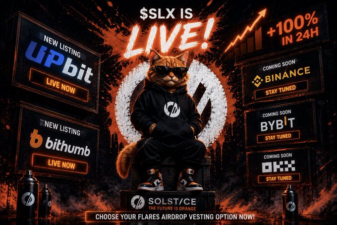 The image features an advertisement with a cat sitting on a platform surrounded by various logos related to cryptocurrency and online gaming. The text on the image includes phrases such as "Live!", "SLX", "Upbit", "Bithumb", "Flares airdrop", "Bybit", "OKX", and "Focus on what is in the image". These elements are arranged in a visually appealing manner, with the cat positioned centrally to draw attention. The overall theme of the advertisement seems to be centered around cryptocurrency and gaming, possibly promoting an upcoming event or listing related to these topics.