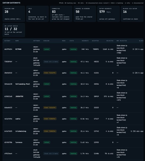 A dark-themed dashboard titled 'DATUM GATEWAYS' showing statistics like 28 hashing nodes, 83 connected, and 579 TH/s across various gateways.