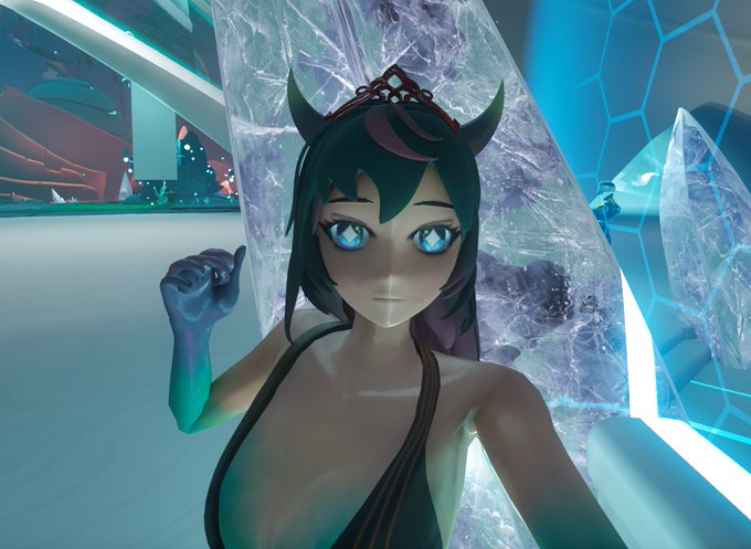 An anime-style 3D character with horns and a crown poses in front of crystalline structures within the OthersideMeta virtual world, fitting the "Starfield Gallery" theme. The scene showcases the in-game avatar Tidera in an icy, futuristic environment.