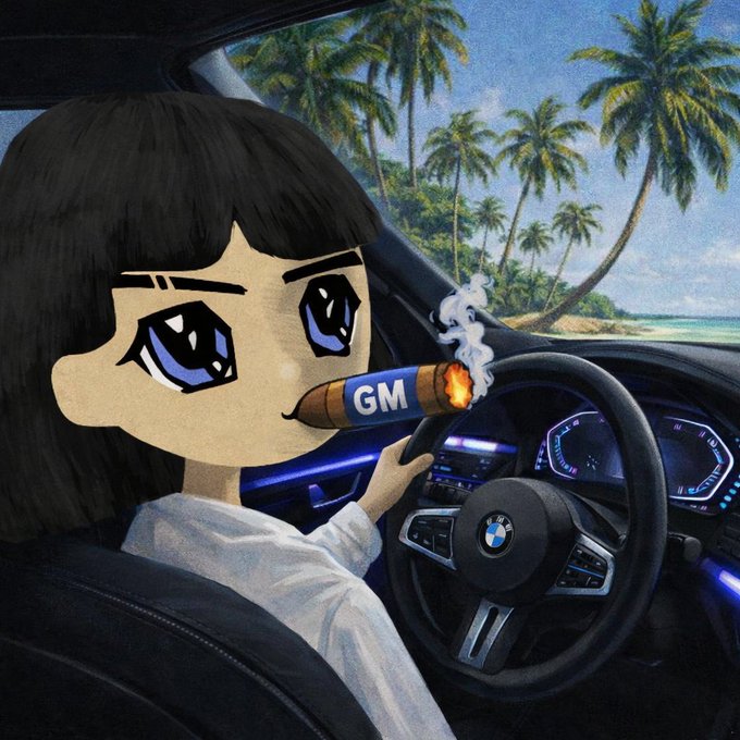 An illustrated anime-style character with black hair and large blue eyes sits in the driver's seat of a BMW, smoking a lit cigar branded with 'GM' against a tropical beach background.