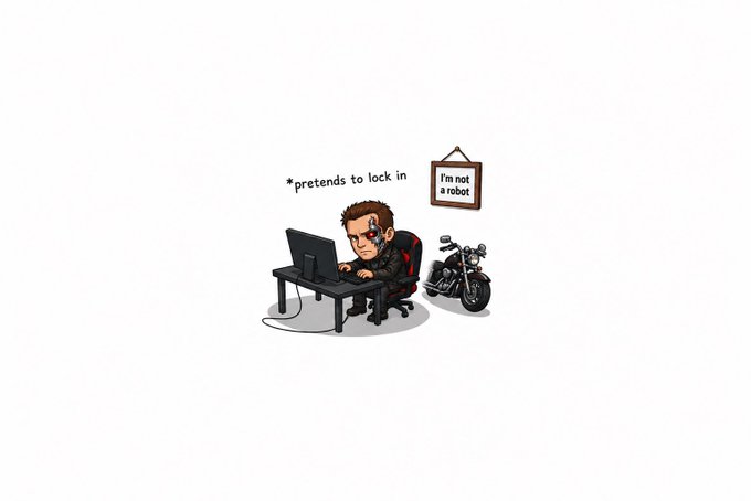 A cartoon illustration of a man with a mechanical eye sitting at a computer with a motorcycle beside him, accompanied by text reading '*pretends to lock in' and a sign saying 'I'm not a robot'.