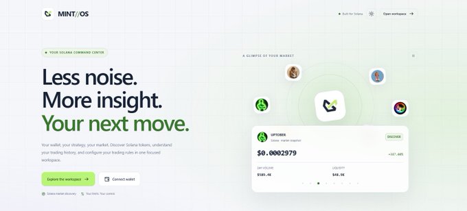Website landing page for MINT/OS, a Solana command center, featuring the tagline 'Less noise. More insight. Your next move.' and displaying a token card for OPTIDOG with $8,000,2979 market cap.