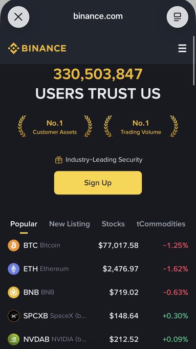 A screenshot of the Binance website homepage displays '330,503,847 USERS TRUST US' and lists cryptocurrency prices including BTC at $77,017.58 and ETH at $2,476.97.