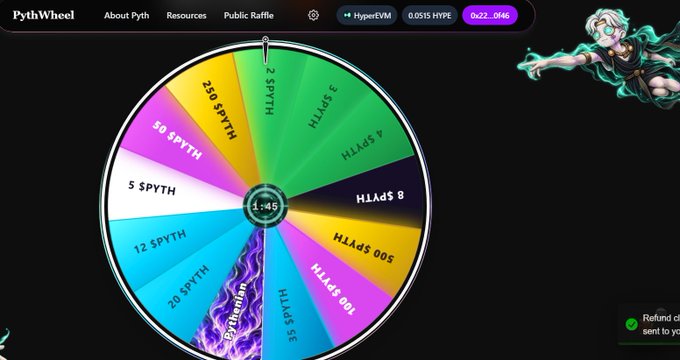 A screenshot of 'PythWheel' shows a colorful spinning prize wheel with various SPYTH and $PYTH amounts, alongside a character illustration and HyperEVM wallet details.