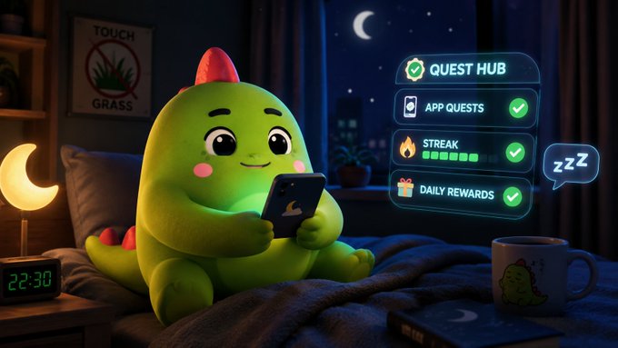 A cute green dinosaur plush sits on a bed at night holding a phone, with a glowing UI panel showing "QUEST HUB," "APP QUESTS," "STREAK," and "DAILY REWARDS" all checked off, a "z z z" speech bubble, and a "TOUCH GRASS" poster ironically on the wall—perfectly matching the post's joke about choosing screen time and gamified sleep rewards over going outside.