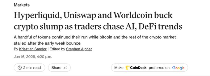 The image shows a screenshot of an article titled " Markets" written by Marketwatch. The title is white with black text and includes several bullet points that give information about crypto trading. One point in particular states, "A handful of tokens continued their run while bitcoin went sideways." It also mentions two cryptocurrencies, one being Hyperliquid (uniswap) and another named Worldcoin buck (DFCoin). The image also highlights how to share this article on social media platforms with the text below.