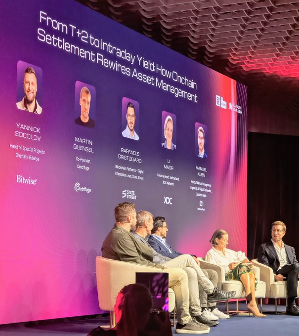 A panel discussion titled 'From T+2 to Intraday Yield: How Onchain Settlement Rewires Asset Management' featuring speakers like Yannick Soccodato and Martin Guensel.