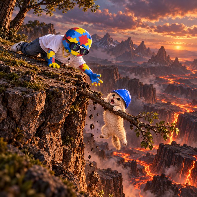 A person dressed in colorful, puzzle-patterned climbing gear reaches out desperately across a precarious cliff to save a tiny dog wearing a blue hard hat, who dangles from a branch above rivers of molten lava.

This high-stakes rescue scene mirrors the post's metaphor perfectly—refusing to "cash out" or hedge despite being one slip away from disaster, choosing instead to take a chance and reach further into the unknown.