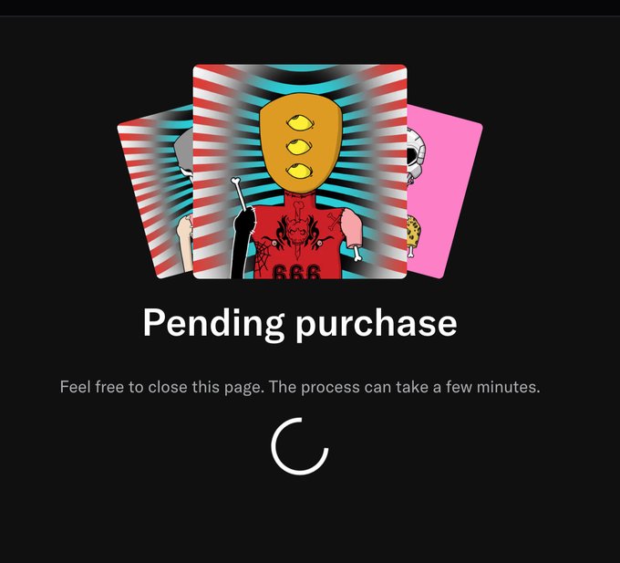 A digital transaction screen displaying 'Pending purchase' with a loading spinner and a message to 'Feel free to close this page', featuring abstract cartoon artwork above the text.