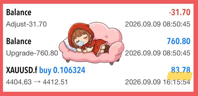 Another trading app screenshot showing balance adjustments and an XAUUSD.f buy order of 0.106324 at 83.78, with a cute cartoon girl sleeping on a pink couch sticker overlay.