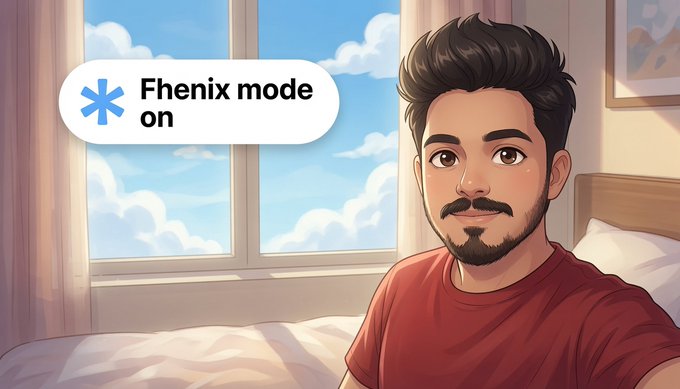 A cartoon illustration of a young man with dark hair and a beard in a red shirt on a bed, with a speech bubble reading 'Fhenix mode on'.