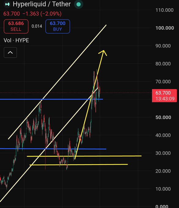 A cryptocurrency trading chart for Hyperliquid/Tether (HYPE) on Binance, showing a price of 63.700 with a -2.09% decline, featuring technical analysis lines including an upward yellow arrow.