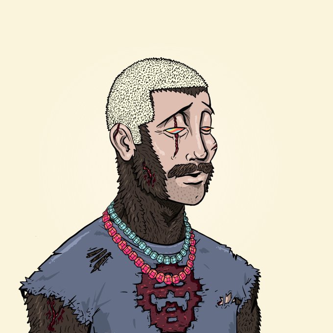 A cartoon illustration of a bearded man with short hair, wearing colorful beaded necklaces and a torn shirt with a red symbol, featuring a scar over one eye.