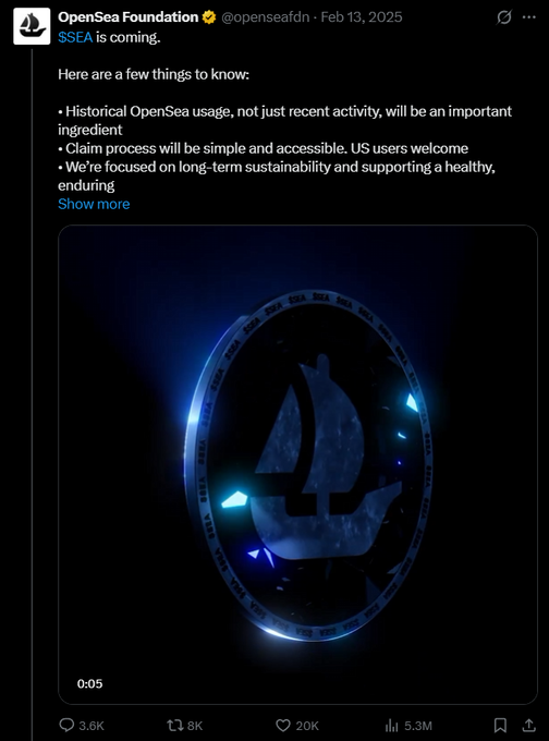 The image shows a tweet from the OpenSea Foundation (@openseafdn) dated February 13, 2025, announcing "$SEA is coming" with details about historical OpenSea usage, an accessible claim process, and a focus on long-term sustainability. The accompanying post references OpenSea's pattern of launching tokens/perps and ties it to "OpenSea XP," suggesting skepticism about whether the $SEA token launch will be similarly traded as perpetual futures.