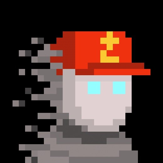 A pixel art illustration of a character wearing a red cap with the number '2' on it, featuring glowing blue eyes and a fragmented, glitching body on a black background.