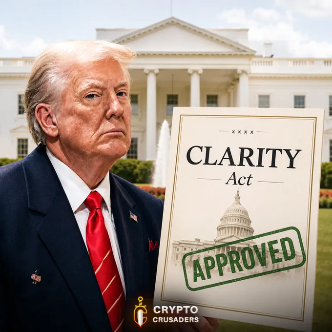 The image shows Donald Trump holding a document titled "CLARITY Act" with "APPROVED" stamped on it, set against the White House background, implying the act's endorsement and a potential breakthrough for crypto.