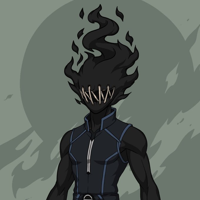 An anime-style illustration of a dark figure with a flame-like head featuring a stitched/zippered mouth, wearing a black sleeveless athletic top with blue accents against a green background.