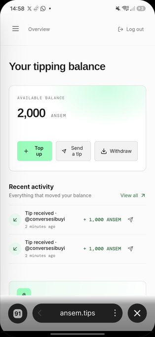 The image shows a mobile screenshot of a tipping dashboard at anasem.tips displaying a balance of 2,000 ANSEM tokens, with recent activity showing two tips received of 1,000 ANSEM each from @conversesibuyi, supporting the post's message about how $ANSEM holders can now easily tip others on X without needing a wallet.