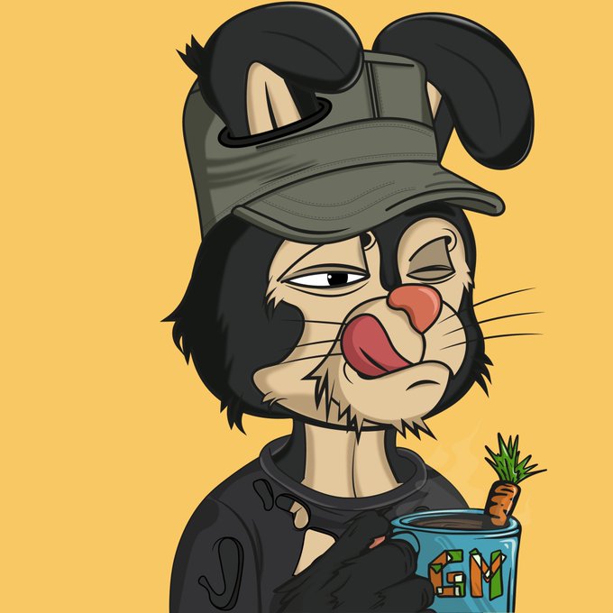 Cartoon illustration of a disheveled black cat-like character wearing a cap with floppy ears, holding a mug labeled 'WHY' with a small carrot garnish, set against a yellow background.