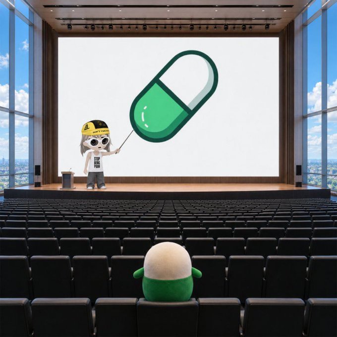 A large auditorium/movie theater scene featuring a character on stage with a hard hat and sunglasses holding a giant green pill icon, while a small green and beige pill-shaped character sits alone in the empty theater seats.