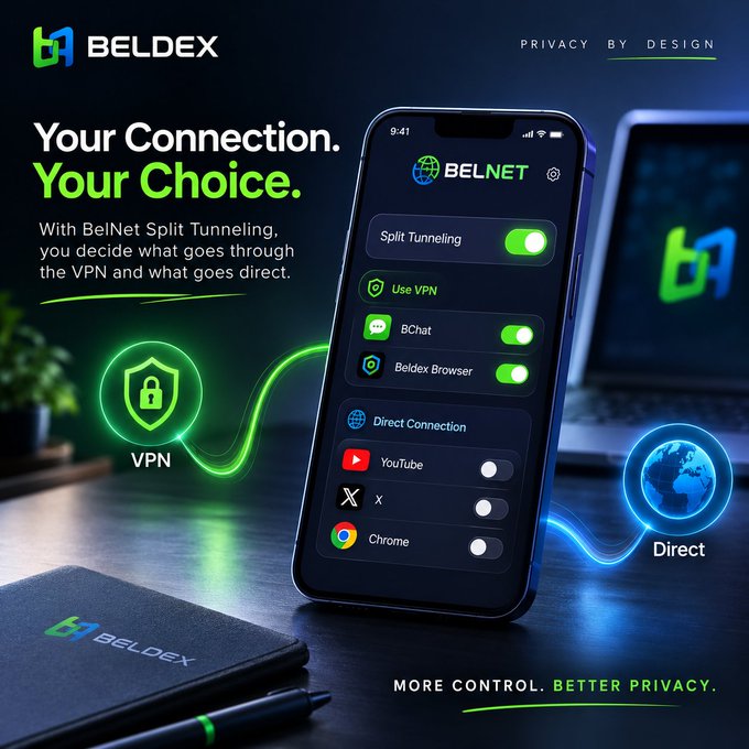 A promotional graphic for 'BELDEX' displays the tagline 'Your Connection. Your Choice.' and 'PRIVACY BY DESIGN', advertising a 'BelNet Split Tunneling' feature on a smartphone interface with 'Use VPN' and 'Direct Connection' toggles.