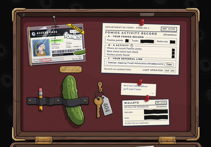 An illustrated briefcase interior shows various items pinned inside, including an 'ACCESS PASS' with 'fomies' branding, a 'FOMIES ACTIVITY RECORD' form, a pickle in a holster, a key, and a 'WALLETS' card showing 'SOLANA' and 'EVM' options.