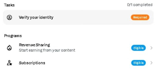 A mobile app interface showing a 'Tasks' section with 'Verify your identity' marked as 'Required', and a 'Programs' section listing 'Revenue Sharing' and 'Subscriptions' as 'Eligible'.