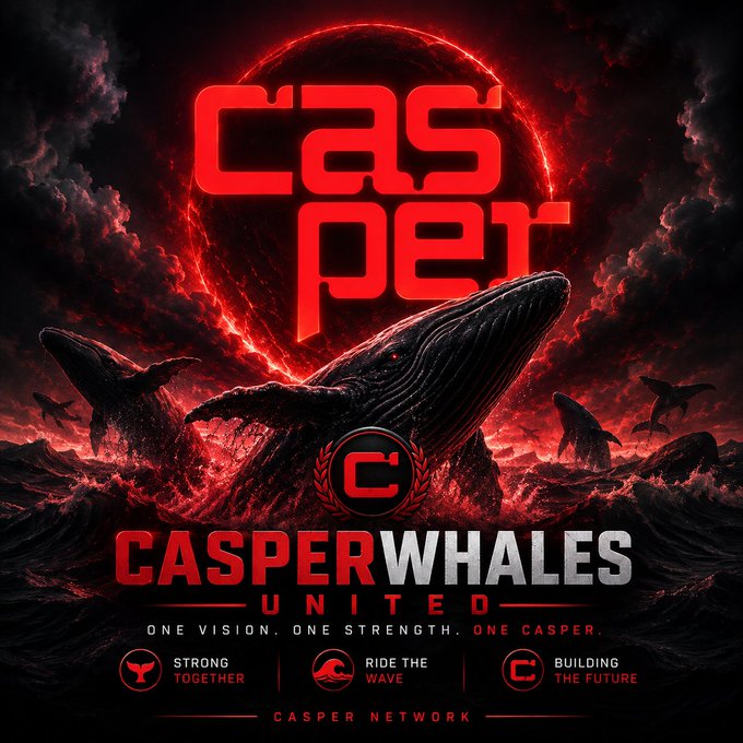 The image is a dramatic promotional graphic for "CasperWhales United," featuring a fierce whale breaching turbulent red seas against a glowing red moon, with the bold "CASPER" logo above and the tagline "ONE VISION. ONE STRENGTH. ONE CASPER." alongside icons for "STRONG TOGETHER," "RIDE THE WAVE," and "BUILDING THE FUTURE," tying into the post's message of the Casper Network community accumulating over 250M $CSPR tokens and anticipating green months ahead.
