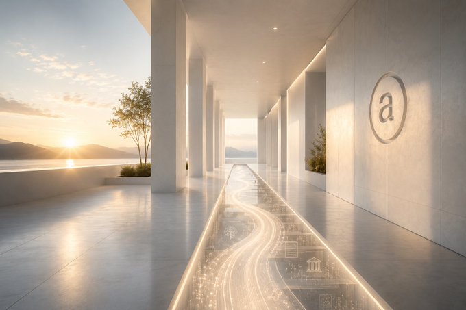 The image features an architectural design with a long hallway that extends into the distance, leading towards a body of water. The hallway has white pillars lining its sides, creating a sense of openness and spaciousness. A large window can be seen on one side of the hallway, allowing natural light to enter the space. The scene is set against a backdrop of a sunset over the ocean, adding a serene atmosphere to the area.

The image also contains text that reads "Good Morning A quiet market doesn't change the thesis. That's why my conviction in Arweave remains unchanged. No rush. No noise. Just a long-term view." This message emphasizes the importance of patience and consistency, which are key values for those who believe in the longevity of their ideas or projects. The image serves as a reminder to stay focused on the bigger picture and not get distracted by short-term fluctuations or trends.