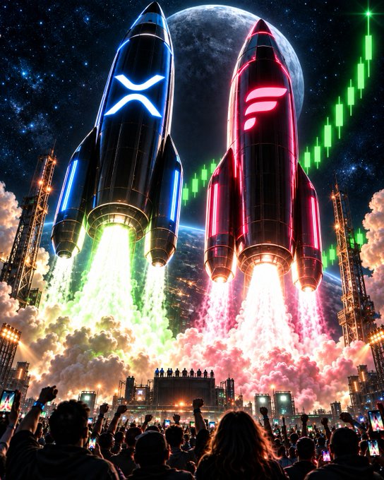 The caption for the post could be:

"Two rockets with XRP and FLR logos blast off against a backdrop of a rising green candlestick chart, symbolizing the explosive week ahead for crypto holders!"

This caption ties the visual elements—the rockets representing the "explosive" growth mentioned in the post, the XRP and FLR logos on the rockets representing the specific cryptocurrencies, and the green candlestick chart symbolizing bullish market momentum—to the enthusiastic tone of the accompanying message.