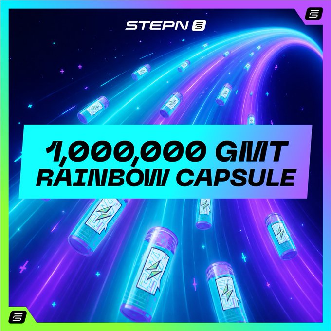 The image is a vibrant promotional graphic featuring the STEPN logo, announcing a "1,000,000 GMT RAINBOW CAPSULE" prize pool. It showcases colorful capsules trailing across a cosmic rainbow background, which ties into the post's celebration of the community successfully activating the Rainbow Capsule through 200,000 Energy spent, with participants now eligible to win their share of the GMT reward.
