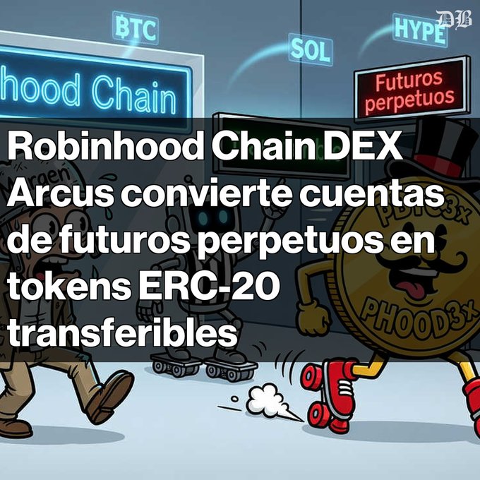 A Spanish-language graphic with the text 'Robinhood Chain DEX Arcus convierte cuentas de futuros perpetuos en tokens ERC-20 transferibles,' featuring cartoon characters labeled BTC, SOL, HYPE, and a coin labeled PHOOD3X in a boxing match.