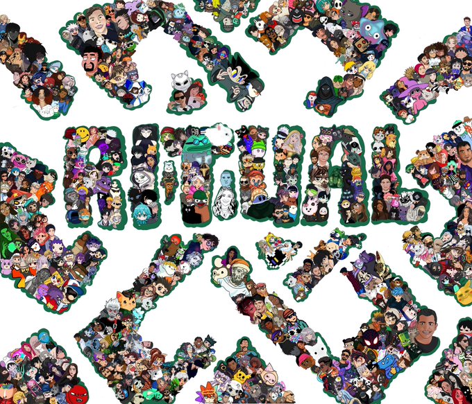 A vibrant mosaic-style digital artwork featuring hundreds of colorful character portraits arranged to spell out "RITUAL NET," with the surrounding border and decorative elements densely packed with cartoon avatars of community members, embodying the post's celebration of the Ritualnet community's diverse builders, creators, and believers.