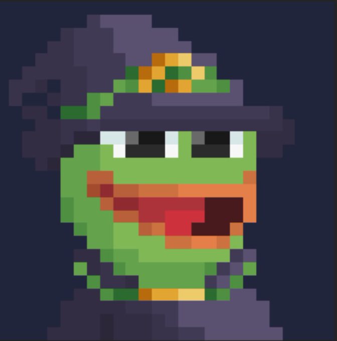 A pixel art portrait of a green Pepe the Frog character wearing a purple witch's hat with a yellow buckle, with half-closed eyes and a wide red mouth, set against a dark background.
