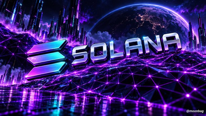 A futuristic digital landscape bathed in vibrant purple and blue neon light showcases the metallic "SOLANA" logo and its triple-bar emblem prominently in the center, set against a backdrop of towering futuristic skyscrapers, a glowing Earth-like planet, and an interconnected web of luminous nodes representing blockchain network infrastructure. The watermark "@moonbag" appears in the bottom right corner. The image visually reinforces the post's message about Solana's V1 upgrade expanding maximum transaction size from 1,232 to 4,096 bytes, symbolizing the network's growing scalability and capacity to handle larger, more complex operations like ZK proofs and big multisigs in a single transaction, reflecting Solana's evolution as a high-performance blockchain.