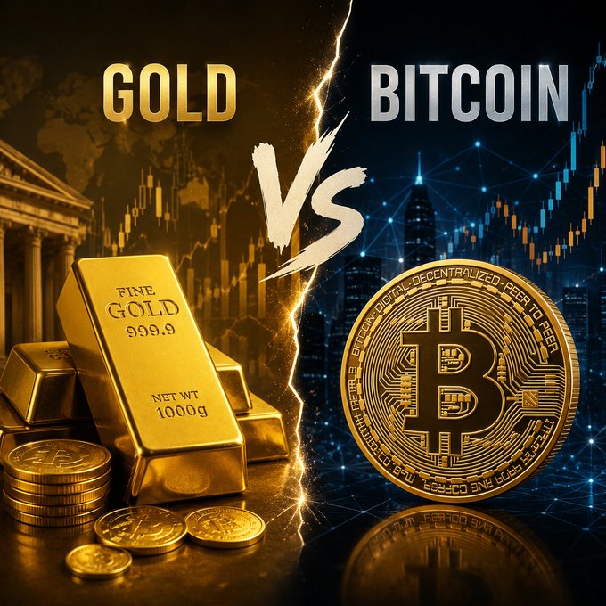 A split composition contrasts stacked "FINE GOLD 999.9 NET WT 1000g" bars and coins against a large golden Bitcoin token, with "GOLD VS BITCOIN" headlines and a lightning-bolt divider separating the warm gold-toned left side from the cool blue, network-themed right side. The visual directly mirrors the post's framing of the age-old gold-versus-digital-asset debate as a dramatic showdown.