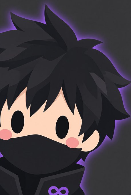 A chibi-style digital illustration of a character with spiky black hair, large black eyes, rosy cheeks, and a black face mask, set against a dark background with a purple glow.