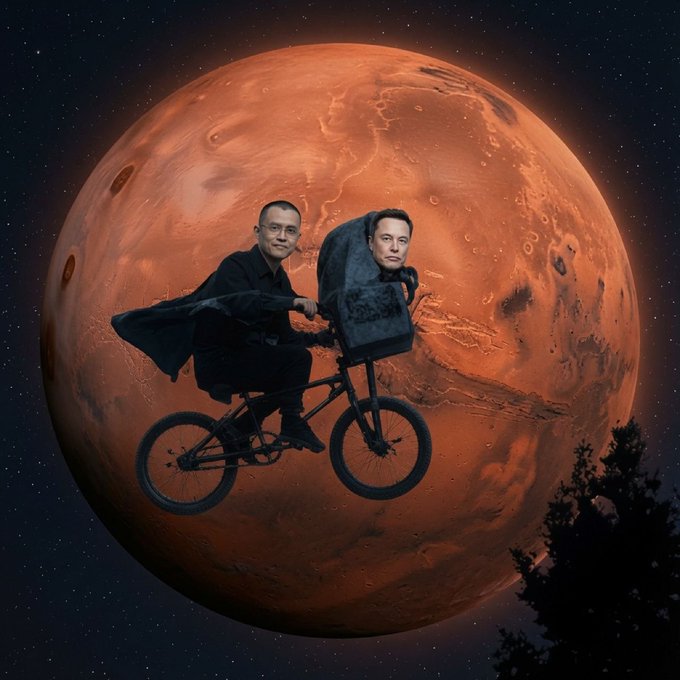 A surreal photo manipulation image showing two men with Elon Musk's face riding a bicycle in front of a massive Mars-like red planet in the night sky.