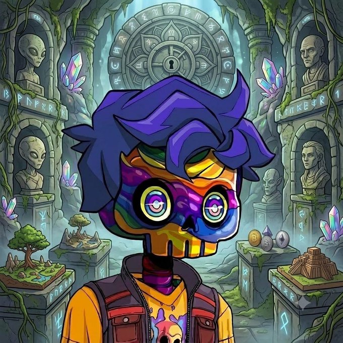 A colorful cartoon-style digital illustration of a character with a vibrant skull mask and purple hair in an ancient mystical temple with rune-covered statues.
