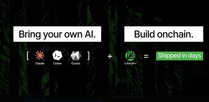 The image features a dark, forest-themed graphic promoting a blockchain development tool called Canopy, with the tagline "Bring your own AI" alongside logos for Claude, Codex, and Cursor, followed by "Build onchain" with the Canopy logo, equating to "Shipped in days." This visual reinforces the post's message by illustrating how developers can leverage their preferred AI tools to quickly set up and launch blockchain projects, eliminating the usual infrastructure friction.