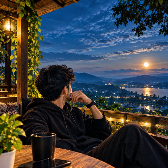 A young man sitting at an outdoor wooden deck at dusk, gazing at a scenic view of a lake and distant city lights under a moonlit sky.