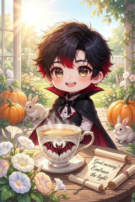 An anime-style illustration of a chibi character with dark hair featuring red highlights, dressed in a vampire cape with a bat-shaped teacup, surrounded by pumpkins, white rabbits, flowers, and a scroll reading 'Good morning! Embrace the light.'