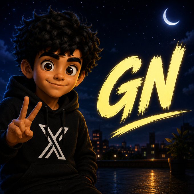 A stylized 3D animated illustration of a young boy with curly hair making a peace sign, wearing a black hoodie with a white logo, set against a nighttime cityscape with a crescent moon and the large yellow text "GN".