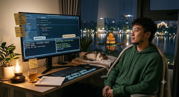 A young man in a green hoodie sits at a desk with code displayed on his monitor (including text like '@NucleusCodes' and 'CONTEXT CHECK'), with a cat resting nearby and a city skyline visible at night.