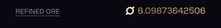 A dark game interface displays the text "REFINED ORE" alongside an icon and the quantity "6.09873642506," suggesting a player's current ore collection on the Solana Mobile platform. This visual likely represents the mined $ORE balance being advertised in the accompanying post encouraging others to mine.
