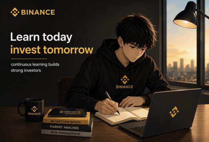 An anime-style Binance advertisement displays the text 'Learn today, invest tomorrow, continuous learning builds strong investors,' featuring a character studying at a desk with books labeled 'Blockchain Basics,' 'Market Analysis,' and 'Risk Management.'